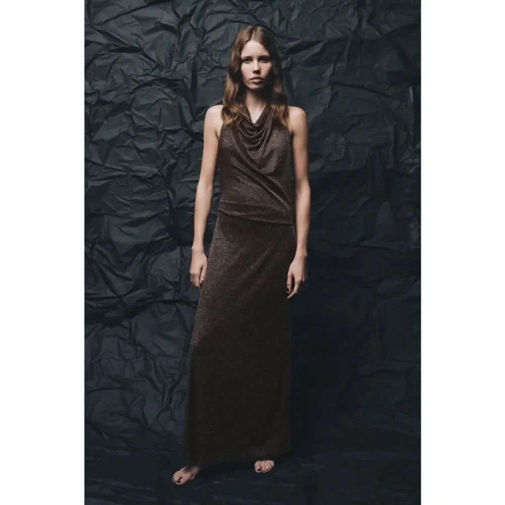 Zara Womens Maxi Dress XS Brown Halter Metallic Open Back Cocktail 2180/237 NWT